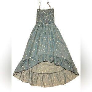 Sunny Studio Paris denim leopard print ruched high low ruffle hem maxi dress